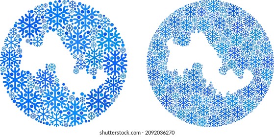 Icy Tilos Island map mosaic is created with sphere and carved shape. Vector Tilos Island map mosaic of snowflake ojects in different sizes and blue shades. Created for winter posters.