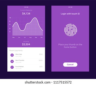 ID Application with icon of fingerprint and graph interface. Fingerprint vector icon. Log on fingerprint, protection, personal data, login to the account. Mjney balance screen
