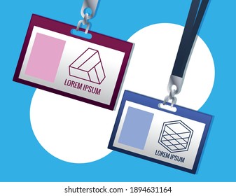 id badge hanging mockup branding in blue background vector illustration design