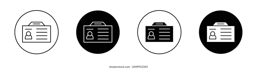 ID badge icon set. event security pass vector symbol. identification card sign. visitor identity tag. vip admission id icon. membership or staff pass sign.