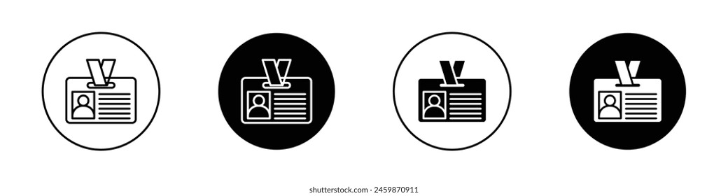 Id badge icon set. security identity pass vector symbol. employee identification card sign. visitor photo id tag sign. office staff entry card icon in black filled and outlined style.