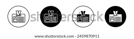 Id badge icon set. security identity pass vector symbol. employee identification card sign. visitor photo id tag sign. office staff entry card icon in black filled and outlined style.