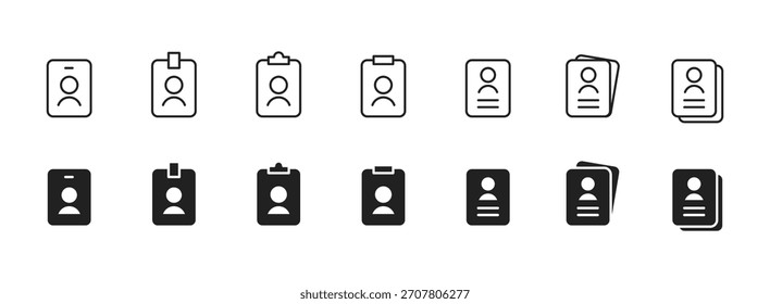 ID badge icon. Simple identification card with user avatar and document outline. Clean minimal badge design for profiles and access control symbol, sign, pictogram, concept.