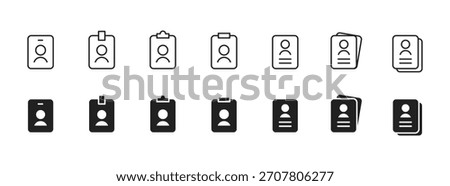 ID badge icon. Simple identification card with user avatar and document outline. Clean minimal badge design for profiles and access control symbol, sign, pictogram, concept.