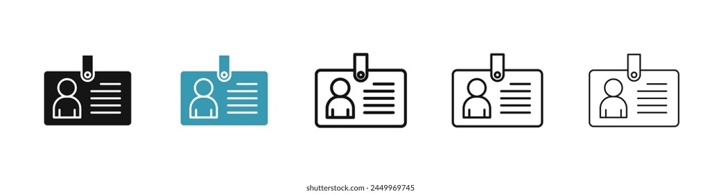 Conjunto de iconos de línea de insignia ID. Icono de Vector de seguridad de eventos. Icono de tarjeta de Identificación. Etiqueta de identidad de visitante. Icono de identificación de admisión VIP para diseños de UI.