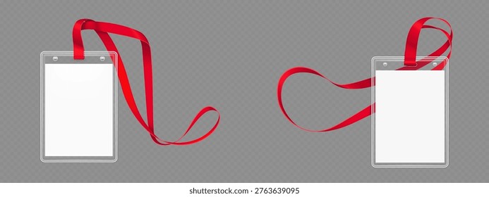 Id badge mockup with blank white paper, transparent plastic card holder and red lanyard, realistic vector isolated on transparent background. Design template for corporate office staff identification
