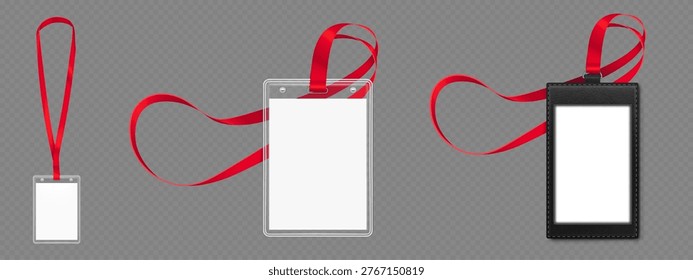 Id badge mockup with blank white paper, transparent plastic card and black leather holder and red lanyard, realistic vector isolated on transparent background. Design template for identification