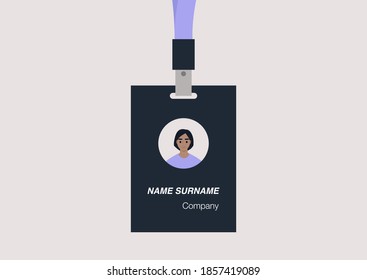 ID badge template, conference accessories, modern corporate culture, a portrait of a young female character