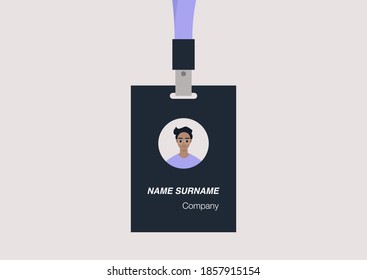 ID badge template, conference accessories, modern corporate culture, a portrait of a young male character