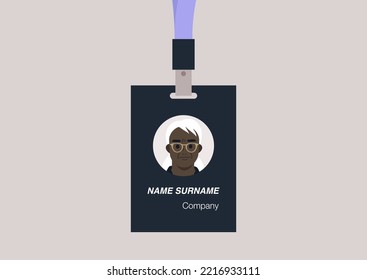 ID badge template, conference accessories, modern corporate culture, a portrait of a Senior character