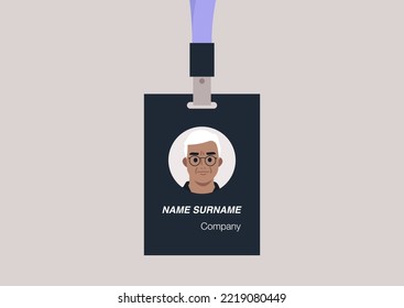 ID badge template, conference accessories, modern corporate culture, a portrait of a Senior character