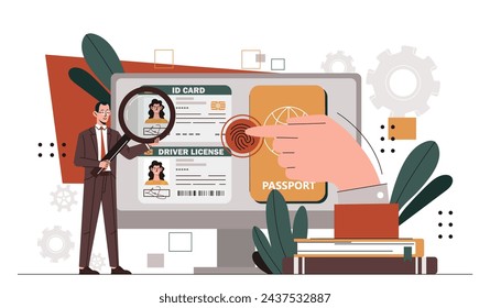 ID biometric documents. Man with magnifying glass near fingerprint scanner. Safety and security of personal data. Businessman with authentication and authorization. Cartoon flat vector illustration