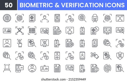 ID, Biometric And Verification Vector Line Icon Set. Contains Linear Outline Icons Like Fingerprint Check, Person Identification, Passport, Legal Document, Driving License. Editable Use And Stroke.