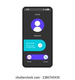 ID call smartphone interface vector template. Mobile app page black design layout. Unknown number, caller identification, spoofing screen. Flat UI for application. Spam blocking feature. Phone display