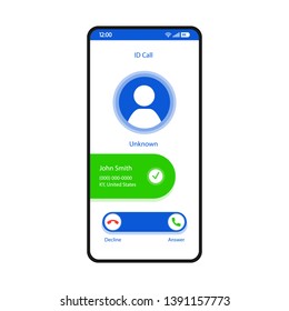 ID Call Smartphone Interface Vector Template. Mobile App Page White Design Layout. Unknown Number, Caller Identification, Spoofing Screen. Flat UI For Application. Spam Blocking Feature. Phone Display