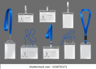 Id card, badge or name tag vector templates with vertical and horizontal clear plastic holders, blue lanyards, metal clips, straps and buckle. Identification card mockups for business events