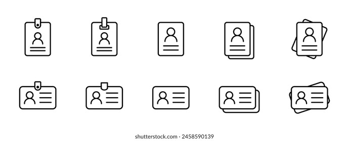 ID card badge outline icon set. Pass, passport document vector icons collection. Vector icons