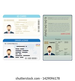 Id card, biometric passport, driver licence. Flat illustration.