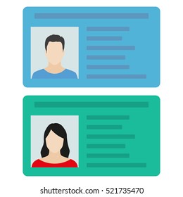 ID card or Car driver license with man and woman photo. Vector illustration in flat style.