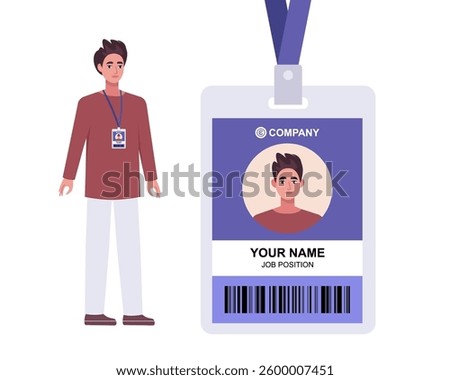 Id card and character. Man with a big badge template, accessory for conferences, training, lectures. Vector set in a flat style