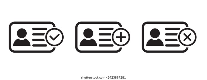 ID Card mit Circle tick genehmigten Linie Icon Set. Symbol der Führerschein-Identifikationskarte, Vektorgrafik auf weißem Hintergrund.