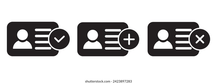 ID Card mit Circle tick genehmigten Symbol Set. Symbol der Führerschein-Identifikationskarte, Vektorgrafik auf weißem Hintergrund.