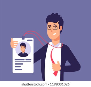 Id Card Concept. Employee Man With Identity Badge. Business Security And Identification Vector Illustration. Identity Id Card For Pass Security, Identification Plastic