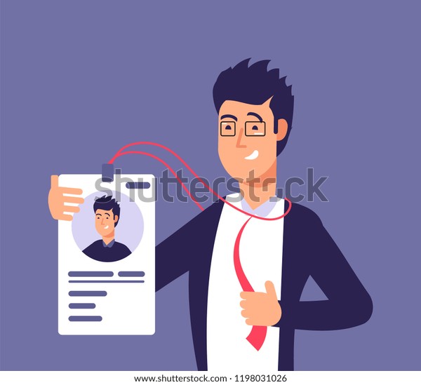 Id card concept.\
Employee man with identity badge. Business security and\
identification vector illustration. Identity id card for pass\
security, identification\
plastic