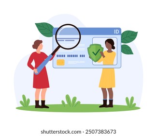 Tarjeta de identificación, protección de datos digital, seguridad cibernética. Las personas minúsculas investigan y analizan la información única del usuario con la lupa, protegen el documento electrónico con la Ilustración vectorial de dibujos animados del escudo