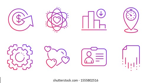 Id card, Dollar exchange and Heart line icons set. Seo gear, Decreasing graph and Timer signs. Atom, Recovery file symbols. Human document, Money refund. Technology set. Gradient id card icon. Vector