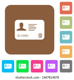 ID card with fingerprint flat icons on rounded square vivid color backgrounds.
