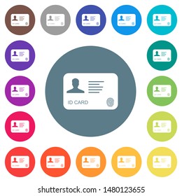 ID card with fingerprint flat white icons on round color backgrounds. 17 background color variations are included.