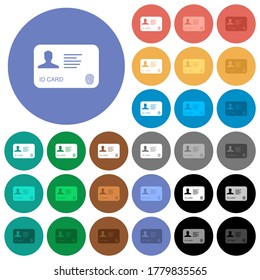 ID card with fingerprint multi colored flat icons on round backgrounds. Included white, light and dark icon variations for hover and active status effects, and bonus shades.