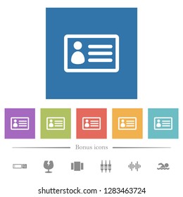 ID card flat white icons in square backgrounds. 6 bonus icons included.