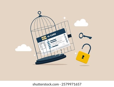 ID card freedom. Personal business card with key free himself from cage. Modern vector illustration in flat style 