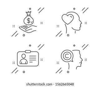 Id card, Friend and Income money line icons set. Writer sign. Human document, Love, Savings. Copyrighter. People set. Line id card outline icon. Vector