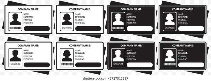 Icono de tarjeta de identificación negro. Ilustración de la Licencia del conductor. Símbolo de la insignia de identificación. Logotipo de identidad. Pasar Pasaporte Signo Variantes aisladas. Conjunto de iconos de tarjeta de Identificación. LICENCIA del conductor, símbolo de la tarjeta de Identificación del personal para el Sitio web, el Anuncio y el elemento del Diseño gráfico en fondo transparente. EPS 10.