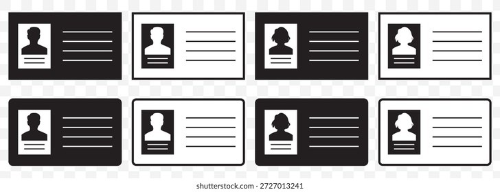 Icono de tarjeta de identificación negro. Ilustración de la Licencia del conductor. Símbolo de la insignia de identificación. Logotipo de identidad. Pasar Pasaporte Signo Variantes aisladas. Conjunto de iconos de tarjeta de Identificación. LICENCIA del conductor, símbolo de la tarjeta de Identificación del personal para el Sitio web, el Anuncio y el elemento del Diseño gráfico en fondo transparente. EPS 10.