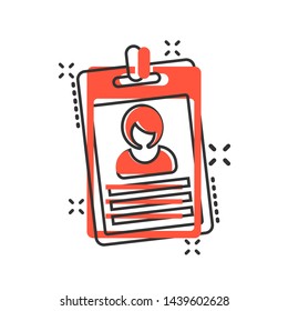 Id card icon in comic style. Identity tag vector cartoon illustration on white isolated background. Driver licence business concept splash effect.