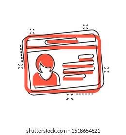 Id card icon in comic style. Identity tag vector cartoon illustration on white isolated background. Driver licence business concept splash effect.