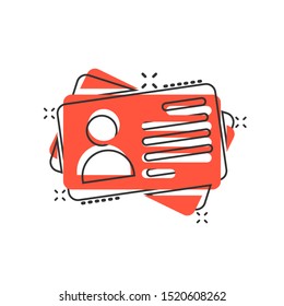 Id card icon in comic style. Identity tag vector cartoon illustration on white isolated background. Driver licence business concept splash effect.