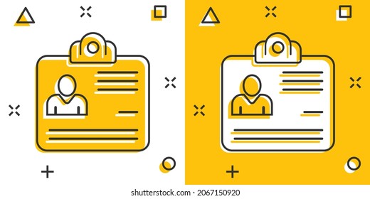 Id card icon in comic style. Identity tag cartoon vector illustration on white isolated background. Driver licence splash effect business concept.