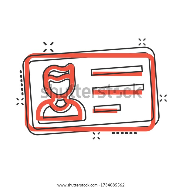 Id card icon in comic style. Identity tag
cartoon vector illustration on white isolated background. Driver
licence splash effect business
concept.