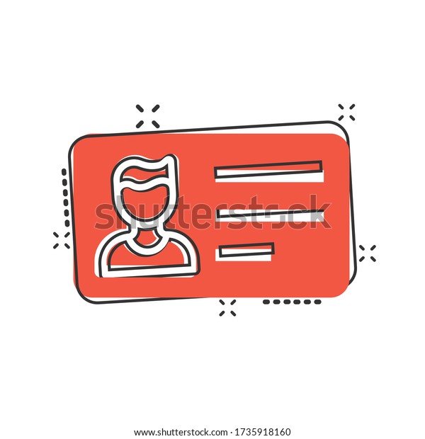 Id card icon in comic style. Identity tag\
cartoon vector illustration on white isolated background. Driver\
licence splash effect business\
concept.