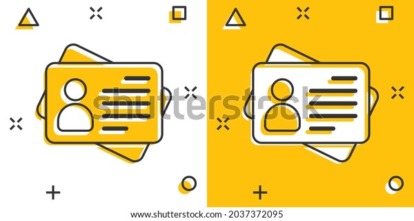 Id card icon in comic style. Identity tag\
vector cartoon illustration on white isolated background. Driver\
licence business concept splash\
effect.
