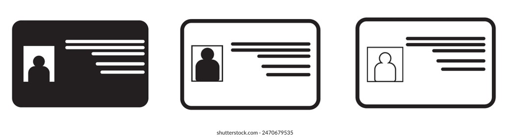  Icono de tarjeta de identificación. Icono de tarjeta de Identificación. Licencia del conductor, Identificación del personal y tarjeta de empleado sobre fondo blanco. Ilustración vectorial