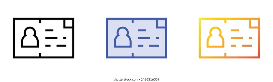 Icono de tarjeta de identificación. Diseño de estilo de relleno lineal, azul y degradado aislado sobre fondo blanco
