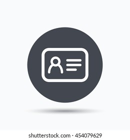 ID card icon. Personal identification document symbol. Flat web button with icon on white background. Gray round pressbutton with shadow. Vector