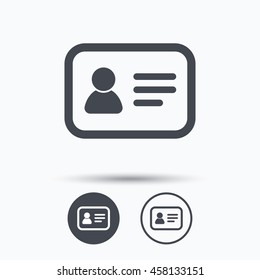 ID card icon. Personal identification document symbol. Circle buttons with flat web icon on white background. Vector