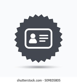 ID card icon. Personal identification document symbol. Gray star button with flat web icon. Vector